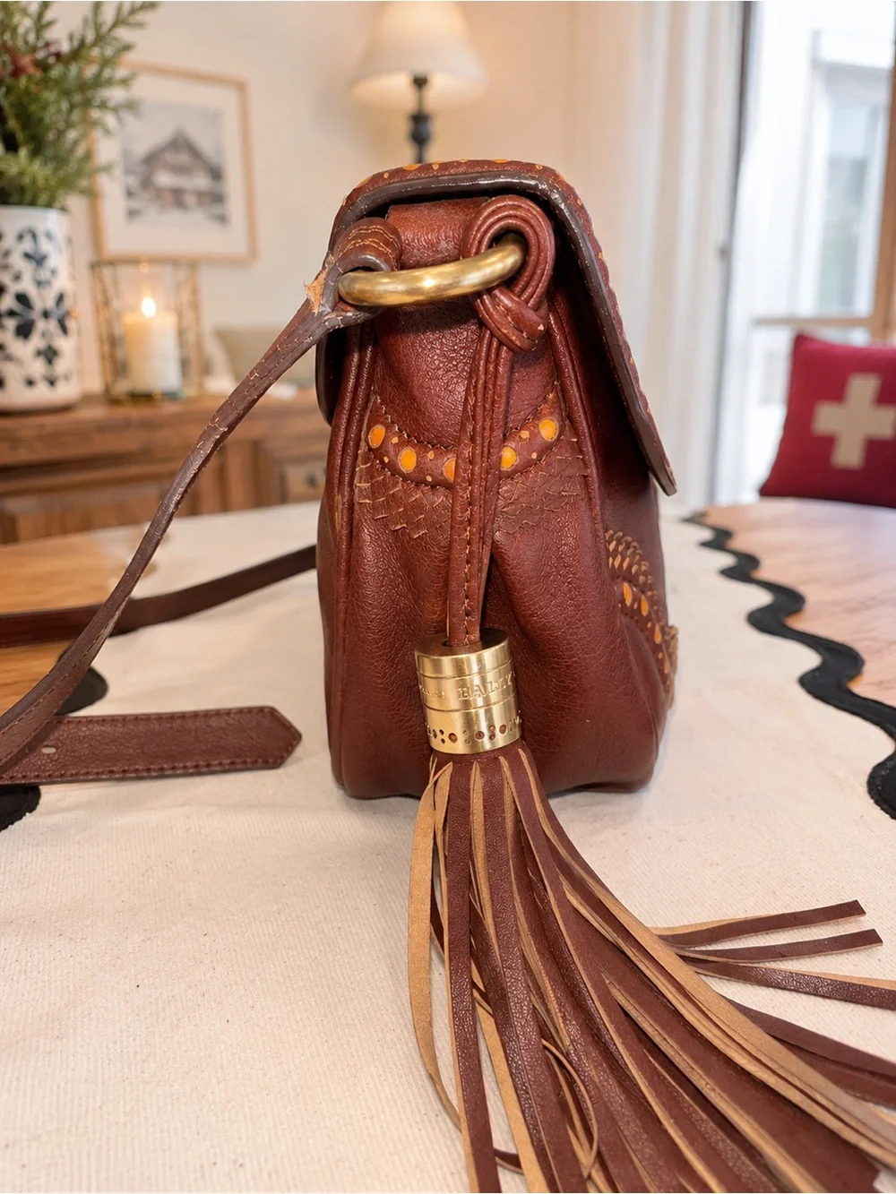 Bally Brown Leather Tassel 2-Way & Crossbody Turn Lock | Italian Leather | Rare